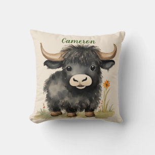 Baby Highland Cow Neutral Personalized Throw Pillow