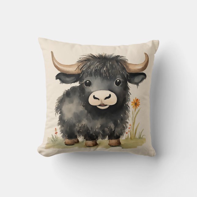 Baby Highland Cow Neutral  Throw Pillow (Front)