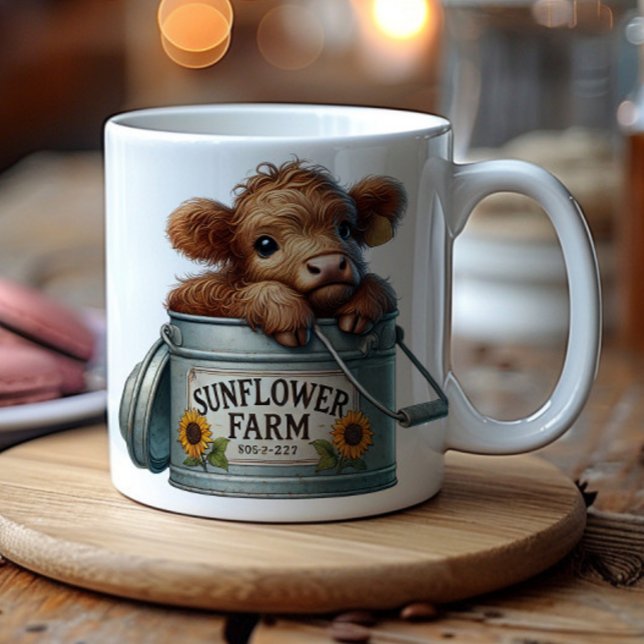 Baby Highland Cow Sunflower Farm Coffee Mug (Baby Highland cow and sunflowers farm mug)
