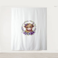 Baby Highland Cow With Purple Flowers Scottish Far