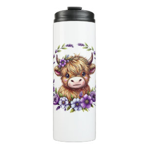 Baby Highland Cow With Purple Flowers Scottish Far Thermal Tumbler