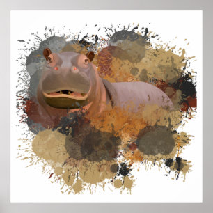 Baby Hippo Abstract Paint Splatter Wildlife Poster