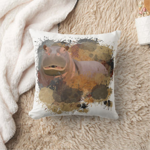 Baby Hippo Abstract Paint Splatter Wildlife Throw Pillow