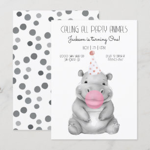 Baby hippo noir et blanc Invitation d'anniversaire