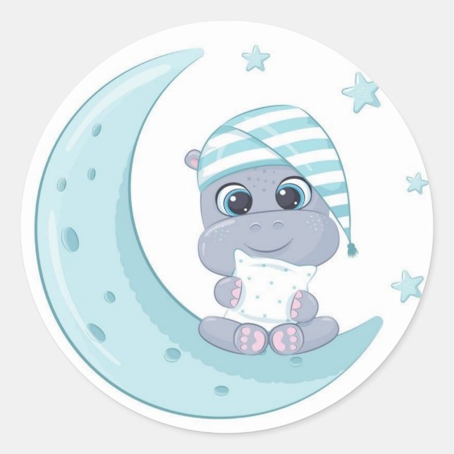 Baby Hippo Over The Moon  Classic Round Sticker (Front)