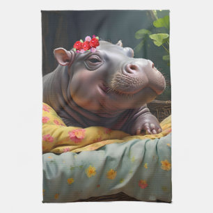 Baby Hippo Zena In A Big Basket, Kitchen Towel