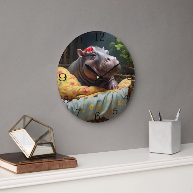 Baby Hippo Zena Rests In Her Big Snuggly Basket, Large Clock (Office)