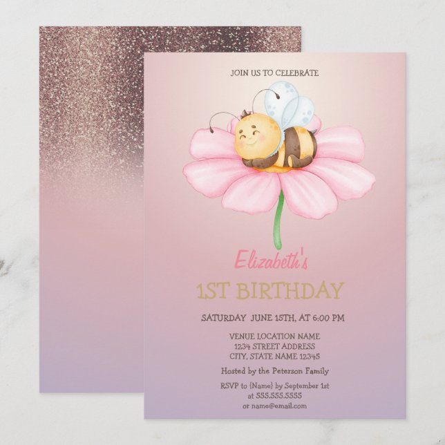 Baby Honey Bee Glitter Birthday  Invitation (Front/Back)