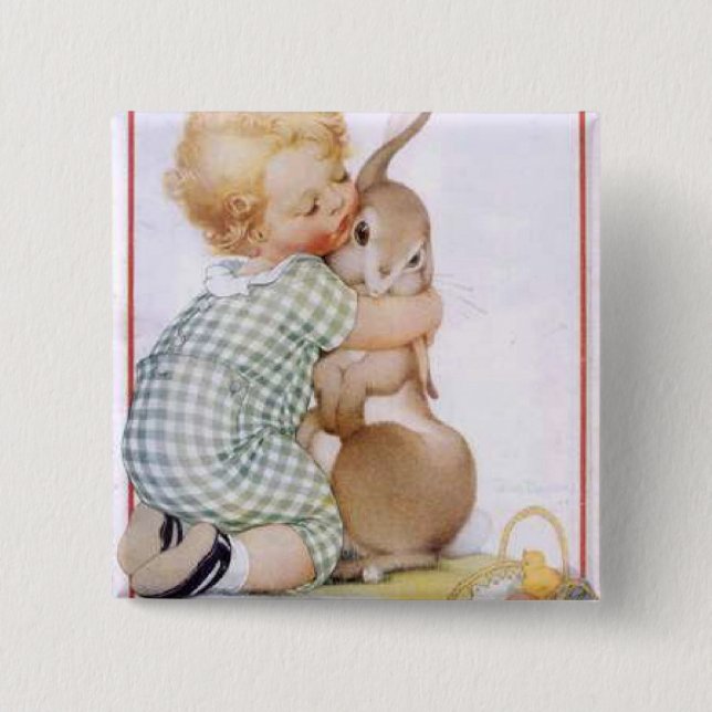 Baby Hugging Easter Bunny 2 Inch Square Button (Front)