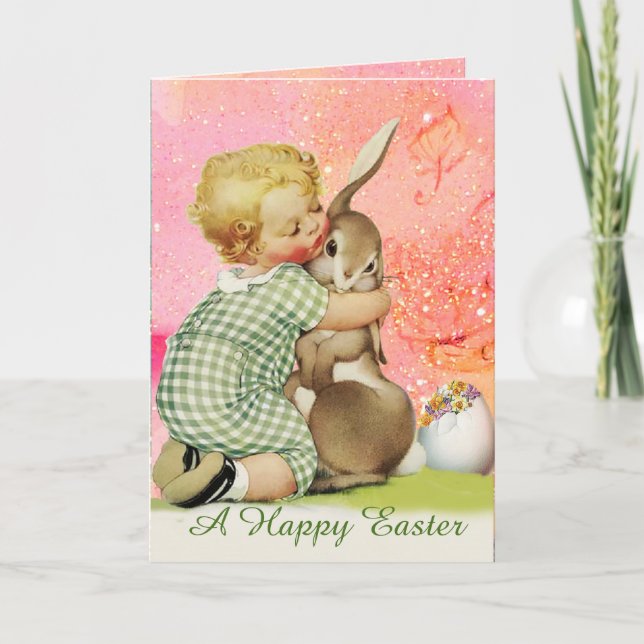 BABY HUGGING EASTER BUNNY IN PINK SPARKLES HOLIDAY CARD (Front)