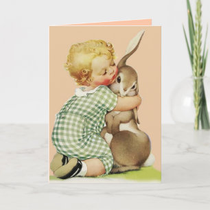 BABY HUGGING EASTER BUNNY ,Pink Holiday Card