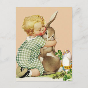 BABY HUGGING EASTER BUNNY,Pink Holiday Postcard
