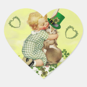 BABY HUGGING RABBIT,HEARTS IRISH ST. PATRICK'S DAY HEART STICKER