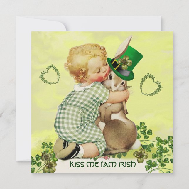 BABY HUGGING RABBIT IRISH ST. PATRICK'S DAY PARTY INVITATION (Front)