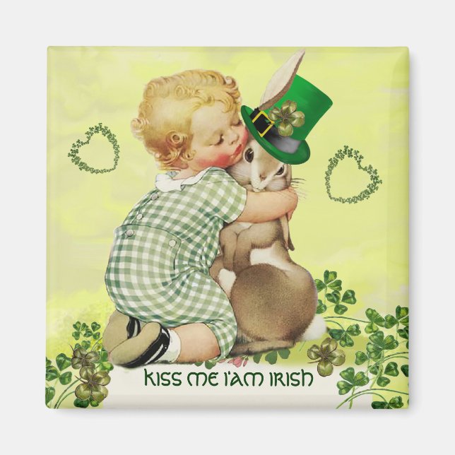 BABY HUGGING RABBIT IRISH ST. PATRICK'S DAY PARTY MAGNET (Front)