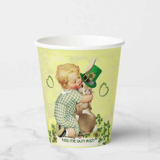 BABY HUGGING RABBIT IRISH ST. PATRICK'S DAY PARTY  PAPER CUPS (Front)