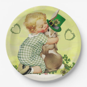 BABY HUGGING RABBIT IRISH ST. PATRICK'S DAY PARTY PAPER PLATE