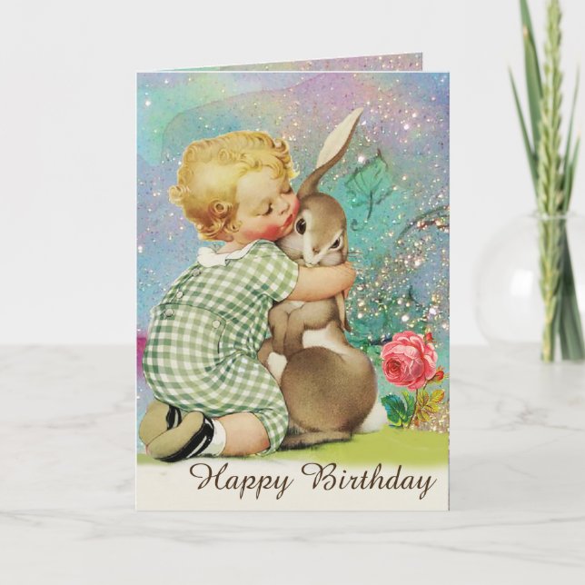 BABY HUGGING RABBIT,Pink Roses,Teal Blue Birthday Holiday Card (Front)