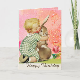 BABY HUGGING RABBIT,Sparkling Pink Roses Birthday Holiday Card