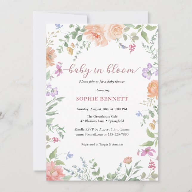 Baby in Bloom Aquarelle florale Invitation (Devant)