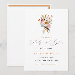 Baby In Bloom Autumn Floral with a Bow Baby Shower Invitation