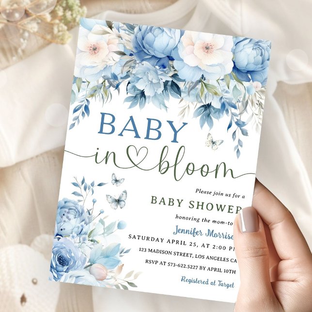 Baby in Bloom Baby Shower Boy Dusty Blue Floral  Invitation (Creator Uploaded)