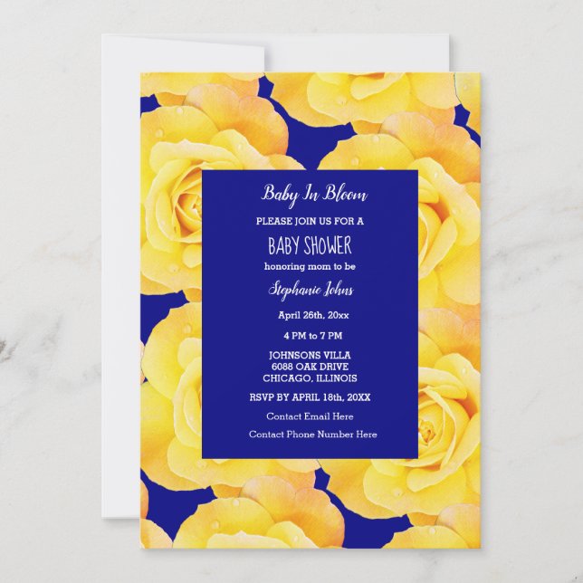Baby In Bloom Baby Shower Golden Yellow Roses Blue Invitation (Front)