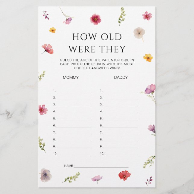 Baby in Bloom Baby Shower Guess Age Game (Front)