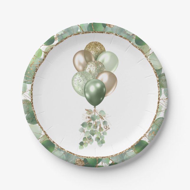 Baby In Bloom | Balloon and Eucalyptus Baby Shower Paper Plate (Front)