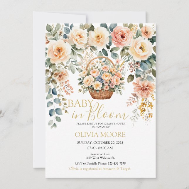 Baby in Bloom Basket of Flowers Baby Shower Invitation (Front)