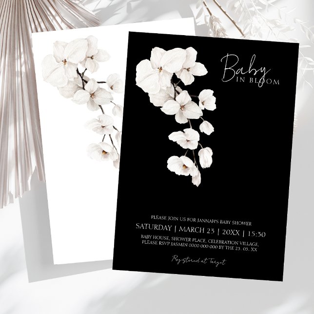 Baby in Bloom Black and White Orchids Baby Shower Invitation (Baby in Bloom! Modern Black and White Orchids Flowers Baby Shower Invitation)
