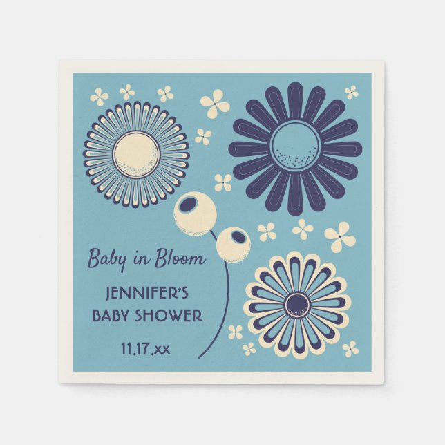 Baby in Bloom Blue and Cream Floral Boy Shower Napkin (Front)