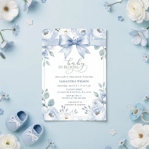 Baby in Bloom Blue Bow Floral Boy Baby Shower Invitation