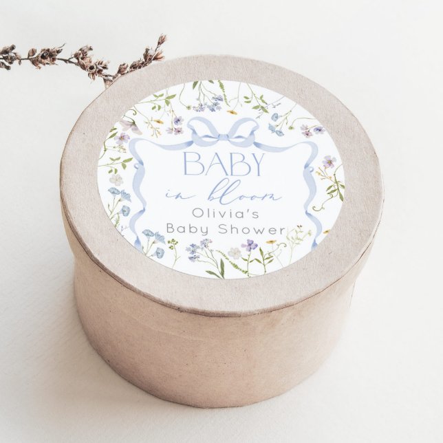 Baby in Bloom Blue Bow wildflower baby shower Classic Round Sticker (Creator Uploaded)