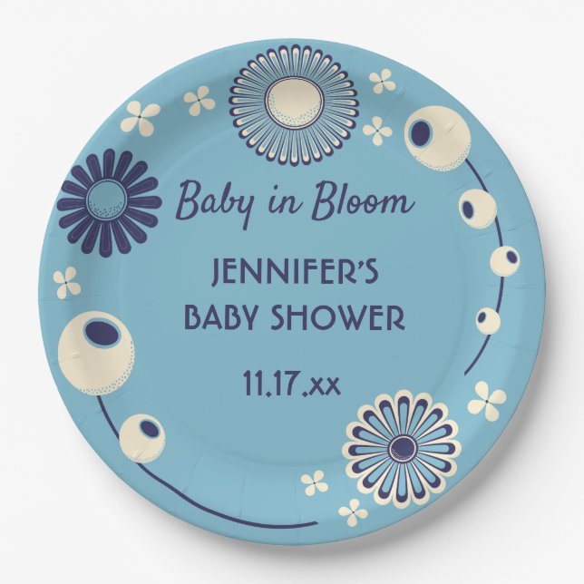 Baby in Bloom Blue Floral Boy Shower Paper Plate (Front)