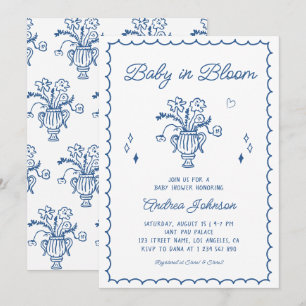 Baby in Bloom Blue Hand Drawn Boy Baby Shower Invitation