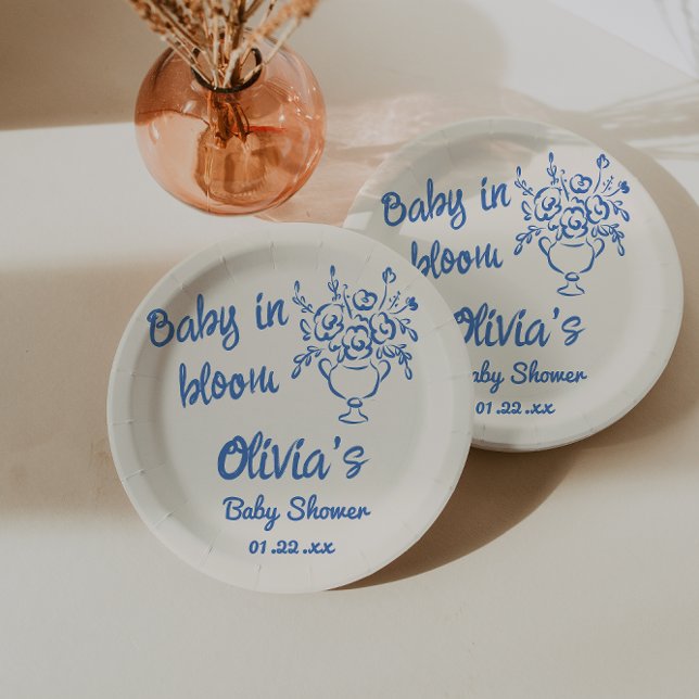 Baby In Bloom Blue Hand Drawn Floral Baby Shower Paper Plate (Creator Uploaded)