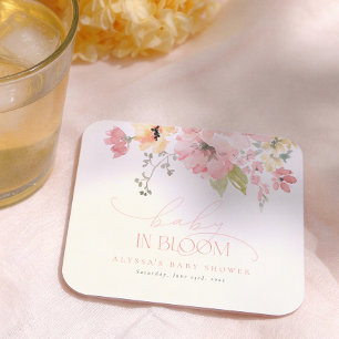 Baby in Bloom Blush Pink Boho Girl Baby Shower Square Paper Coaster