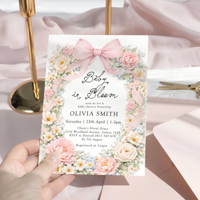 Baby in Bloom Blush Pink Bow Baby Shower Invitation (Creator Uploaded)
