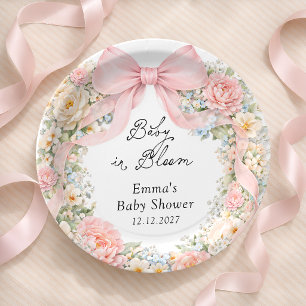 Baby in Bloom Blush Pink Bow Floral Baby Shower Paper Plate