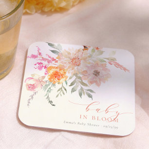 Baby In Bloom Blush Pink Floral Girl Baby Shower Square Paper Coaster