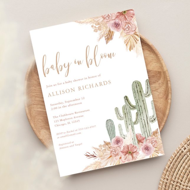 Baby in Bloom boho cactus pampas grass baby shower Invitation (Creator Uploaded)