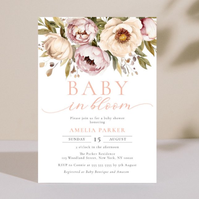 Baby In Bloom Boho Floral Peonies Girl Baby Shower Invitation (Creator Uploaded)