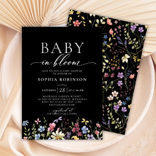 Baby in Bloom Boho Wildflower Black Baby Shower  Invitation