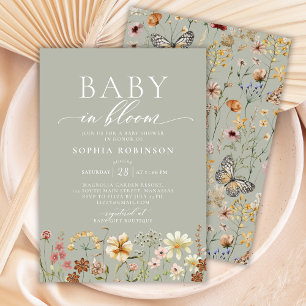 Baby in Bloom Boho Wildflower Green Baby Shower  Invitation
