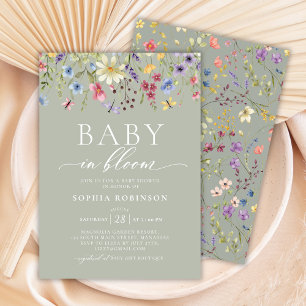 Baby in Bloom Boho Wildflower Green Baby Shower Invitation