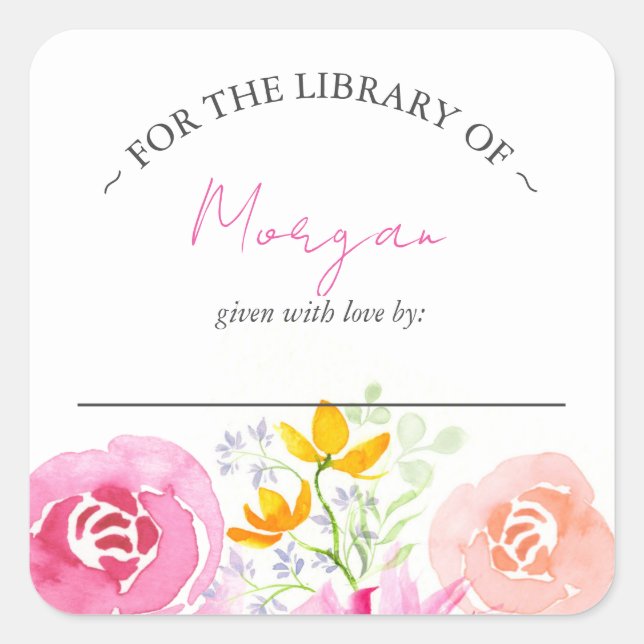 Baby in Bloom Bookplate – Pink Floral Square Sticker (Front)