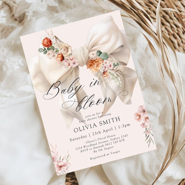 Baby in Bloom Bow Floral Baby Shower Invitation (Creator Uploaded)