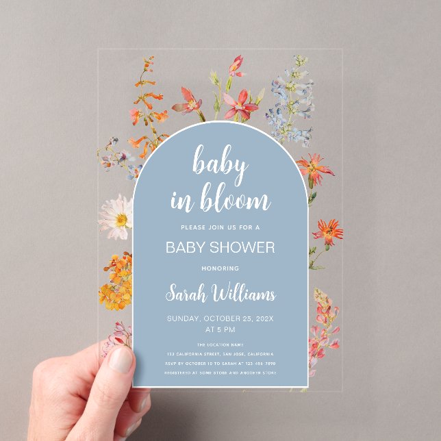 Baby in Bloom Boy Shower Blue Arch Wildflowers  Acrylic Invitations (Insitu (Handheld))