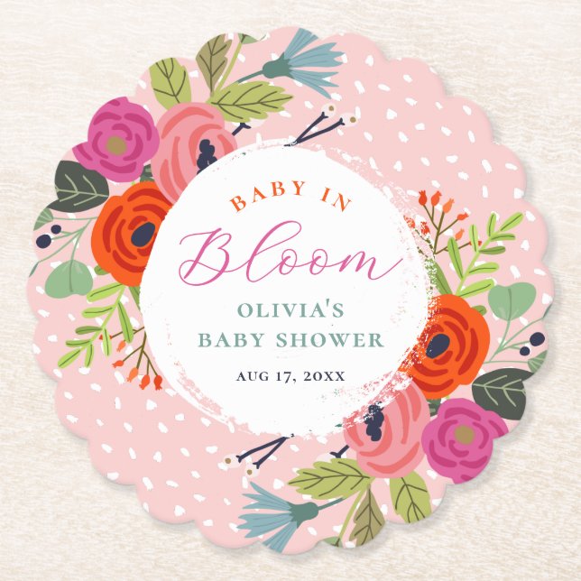Baby in Bloom Bright Floral Baby Shower Paper Coaster (Front)